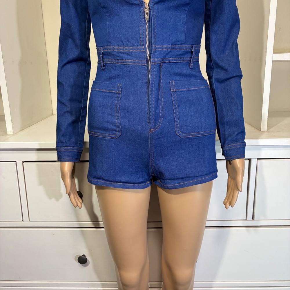 Tiger Mist Denim Romper XS Blue Long Sleeve Zip Front V-Neck Mini Jumpsuit - Picture 7 of 9